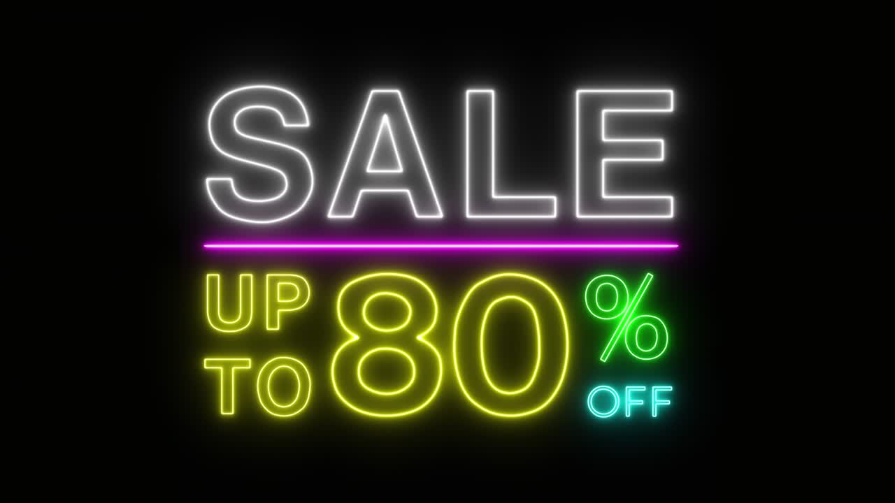 Flashing of sale up to percent off colorful neon blaze sign motion banner in black background for promote video. concept of promotion brand sale series 10-90%