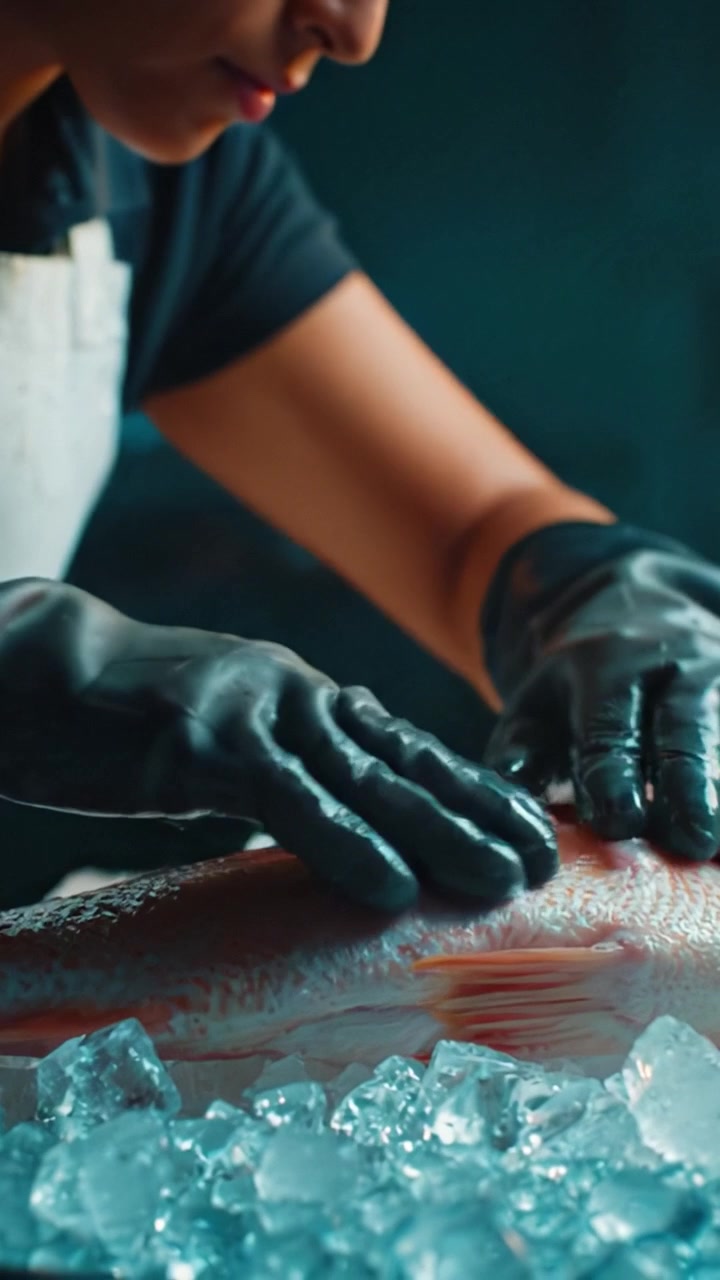 Pesce appena pescato esposto sul ghiaccio, evidenziando la qualità e la cura della preparazione del pesce in un ambiente di cucina professionale.