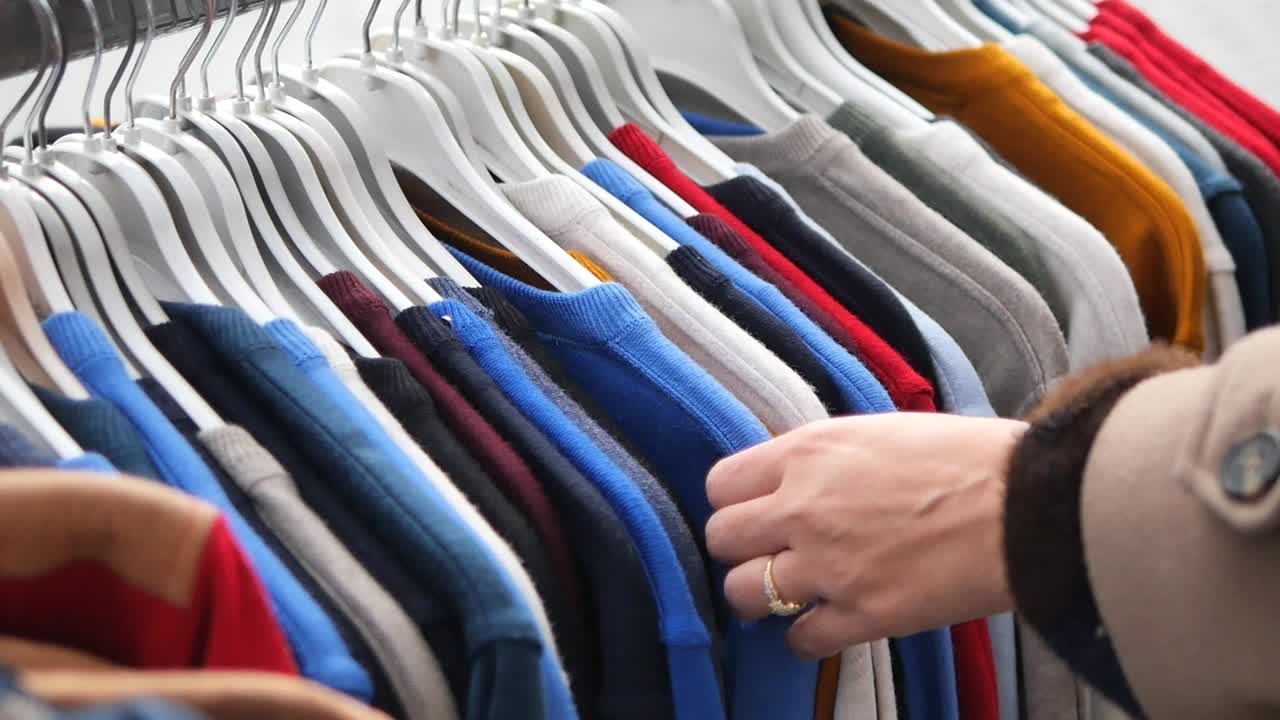 Hand Browsing Colorful Clothes on a Rack in a Store