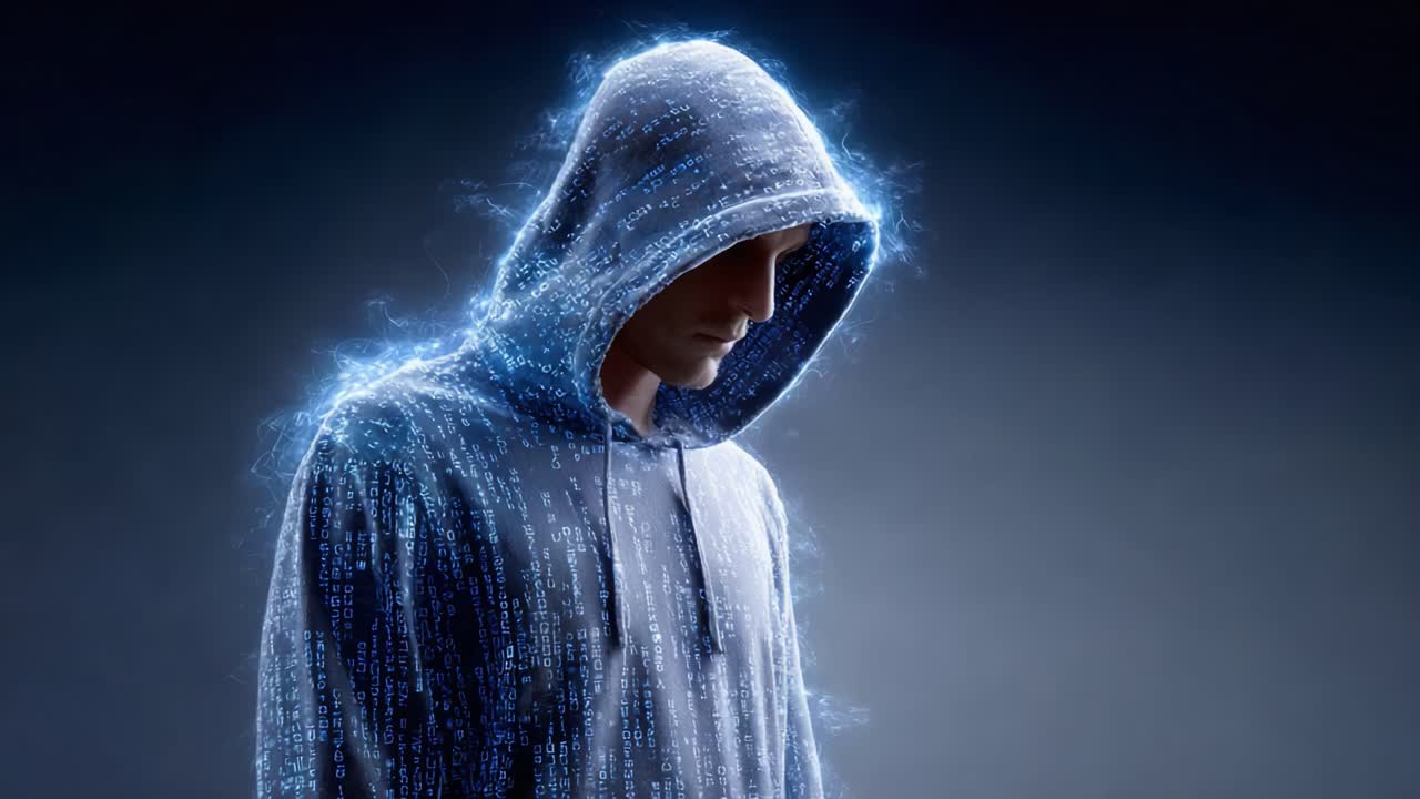A Mysterious Figure in a Hoodie Surrounded by Glowing Binary Codes, Representing the Intersection of Technology and Humanity in a Digital Realm