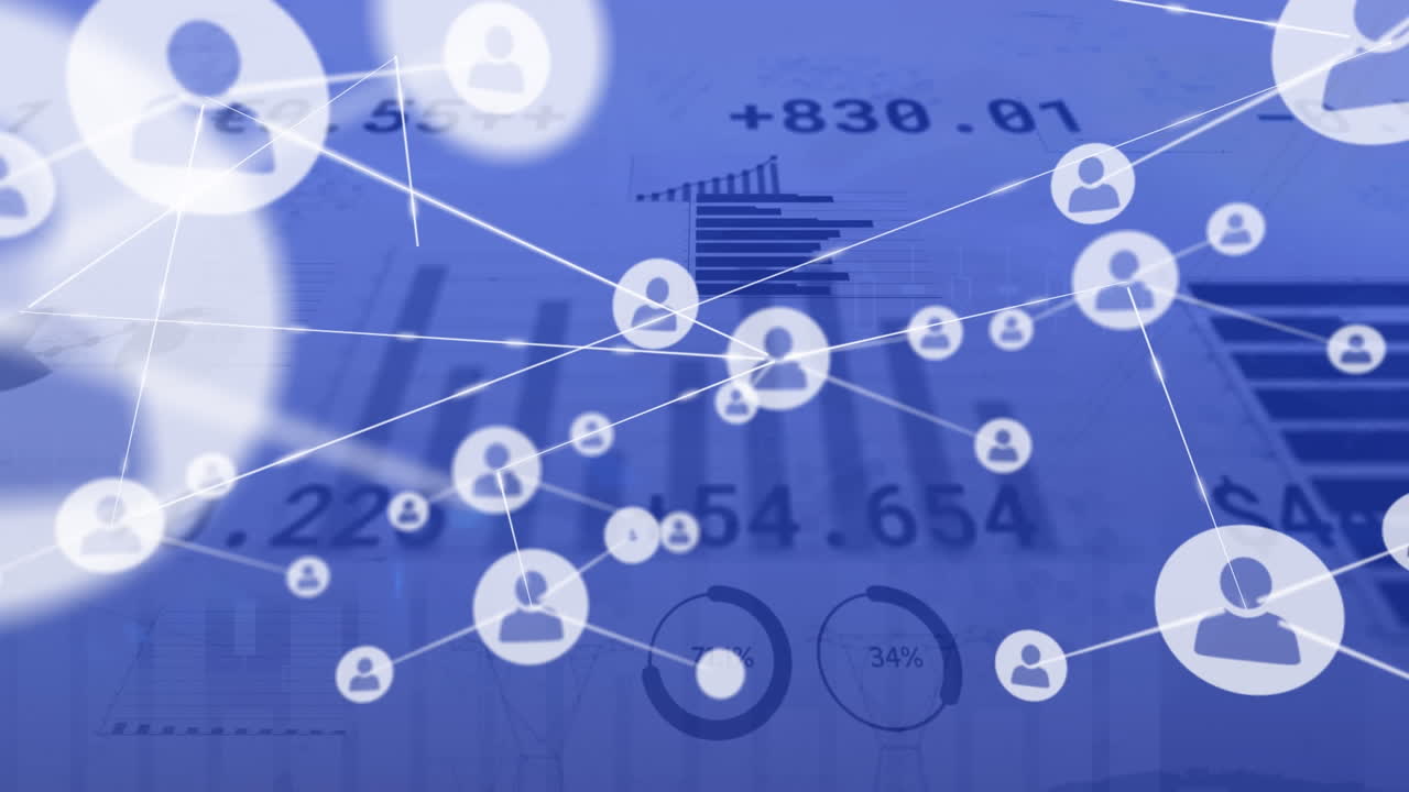 파란색 배경에 대한 통계 데이터 처리에 대한 프로필 아이콘 네트워크의 애니메이션