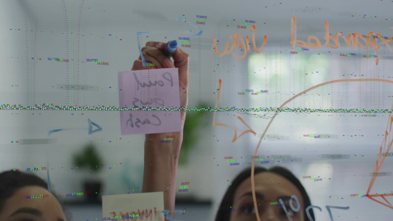 Central woman placing pink sticky then drawing circle on glass while team joining business planning