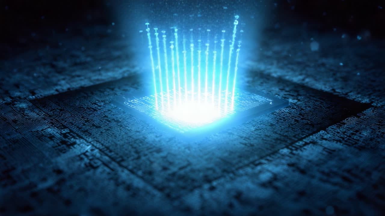 Blue light emitting from a powerful central processing unit while it transfers a glowing digital data stream, representing futuristic technology, high speed connection, and artificial intelligence