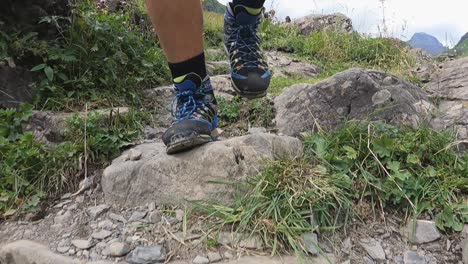 vista frontal de un hombre caminando en los alpes suizos con zapatos de sendero, caminando sobre rocas, hierba