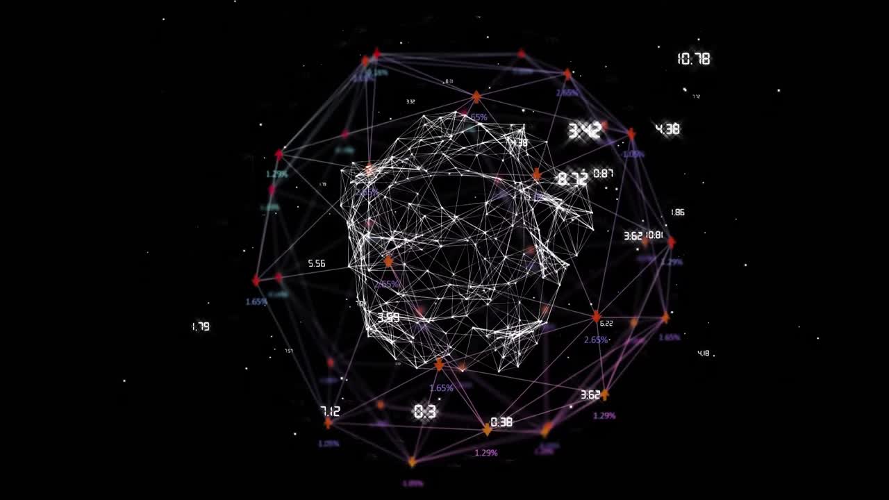 Digital composite video of web of connections with numbers against black background
