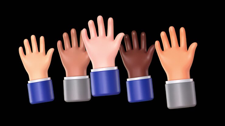 Cinque mani a cartone animato con diverse tonalità di pelle alzate in segno di unità.