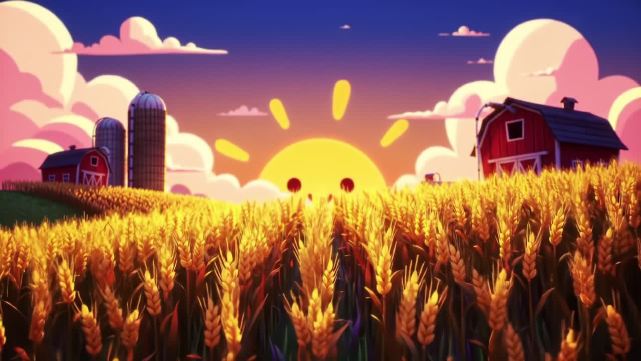 Un incantevole alba su un vivace campo di grano: la bellezza senza tempo della vita rurale e la sua connessione con la natura, illuminata dal caldo bagliore di un sole sorridente