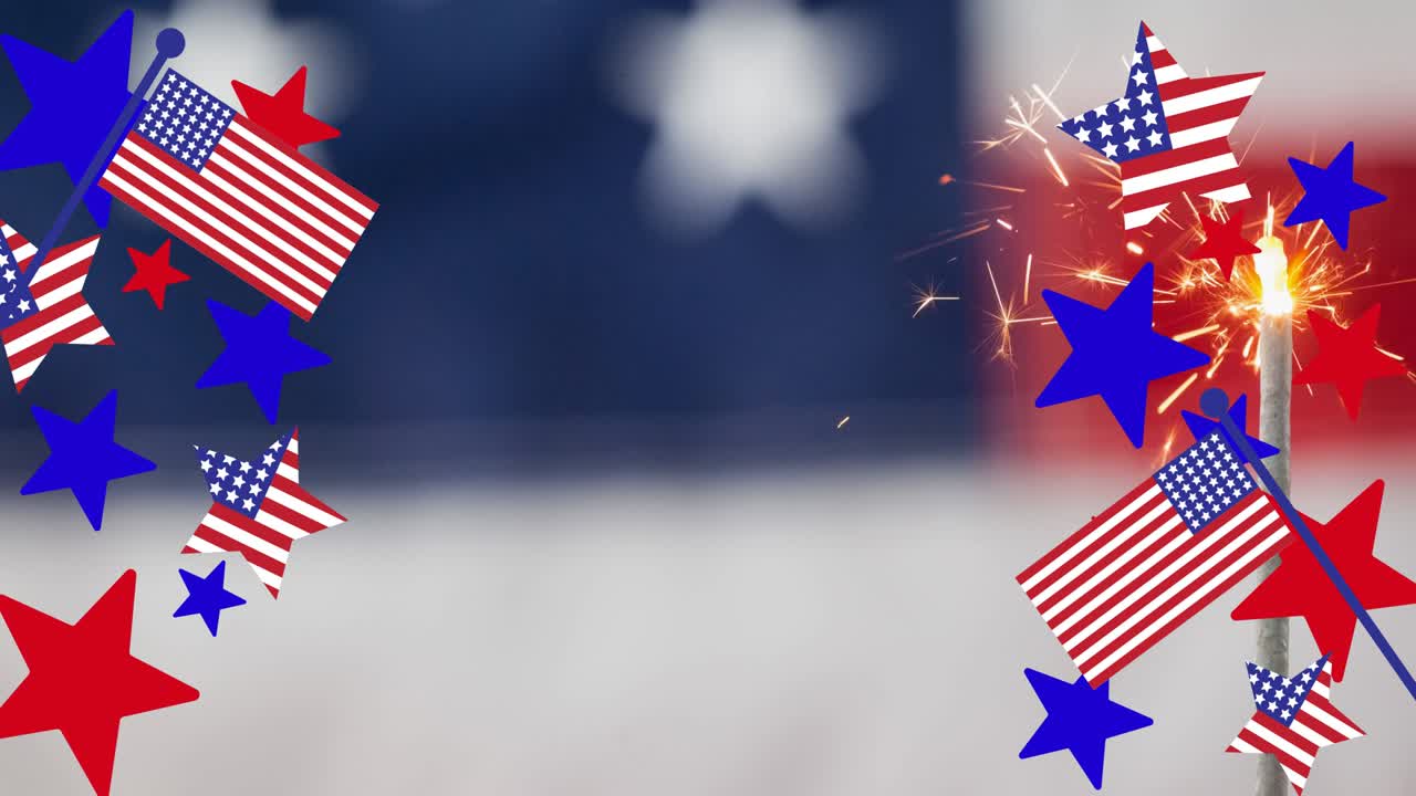 animación de estrellas, rayas y chispas sobre la bandera estadounidense