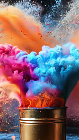 a colorful explosion of powder is in the air, with a gold canister in the middle. the colors are vibrant and the scene is dynamic, giving off a sense of energy and excitement