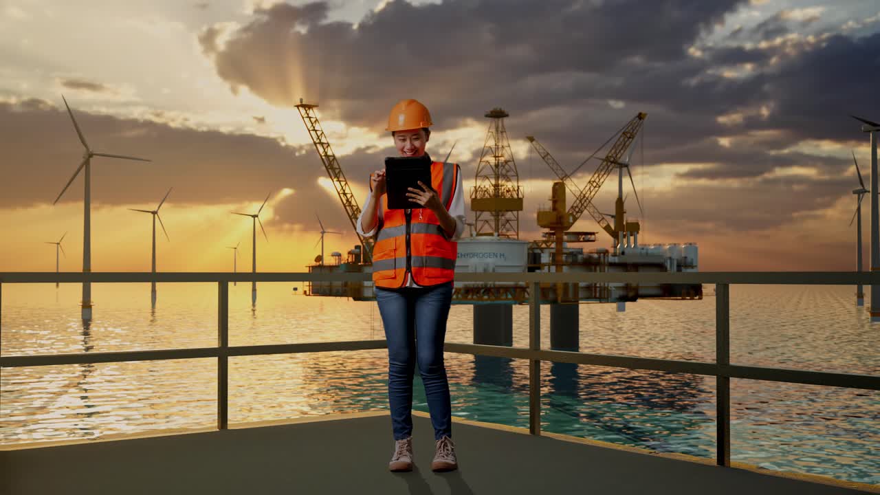 cuerpo lleno de ingeniera femenina asiática con casco de seguridad trabajando en una tableta mientras estaba de pie con la producción de hidrógeno