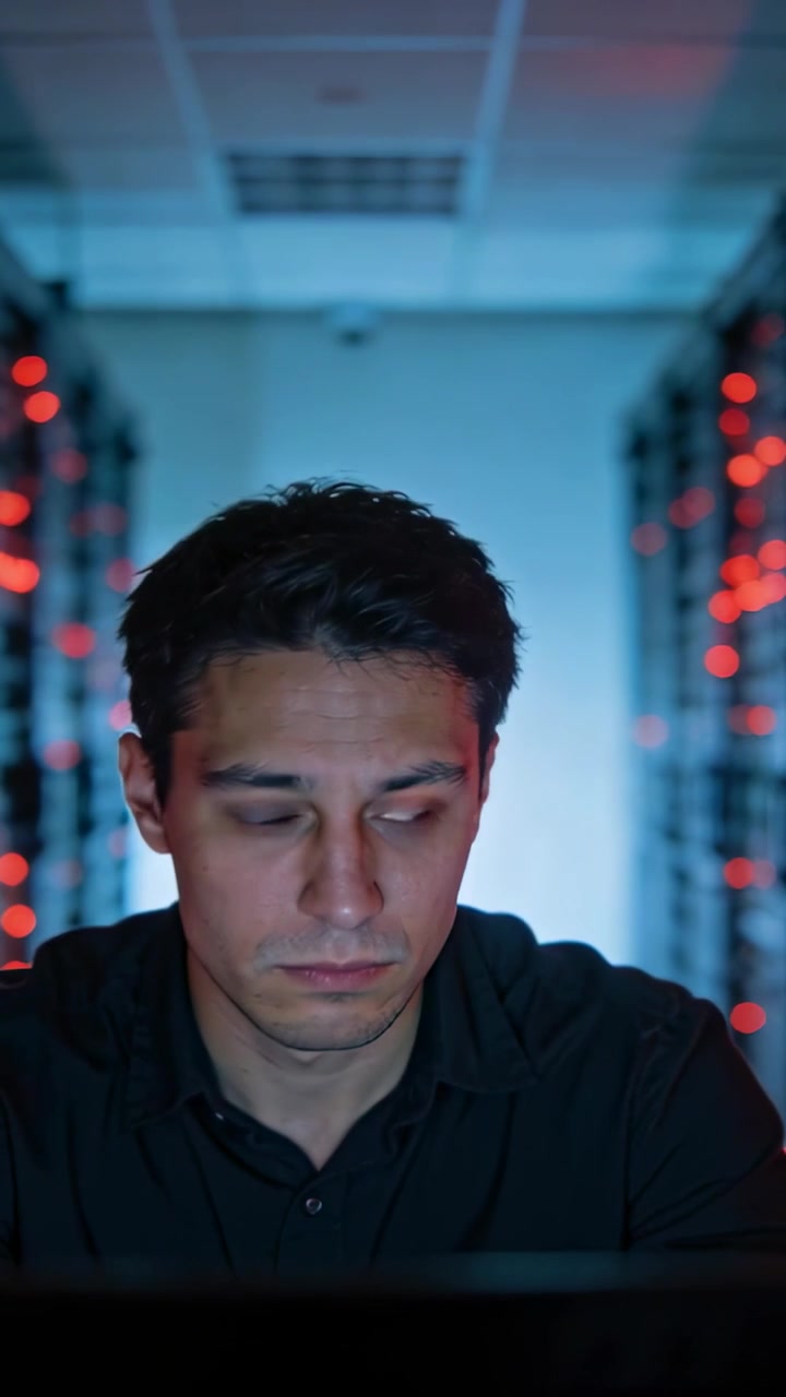 Vertical video: Tech in dark shirt rubbing eye from screen glare in rack aisle checking racks