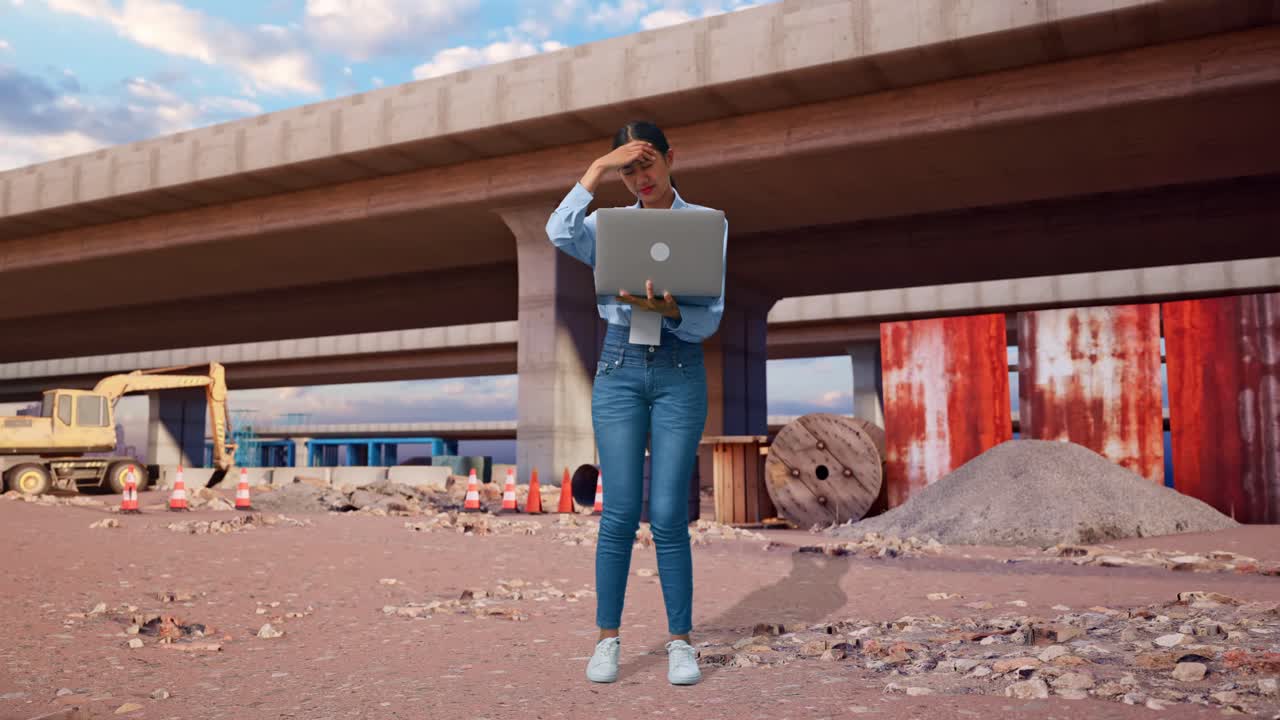 Asiatisk kvinde i fuld figur med sin laptop på en motorvejsbyggeplads. Hun nikker med hovedet i skuffelse.