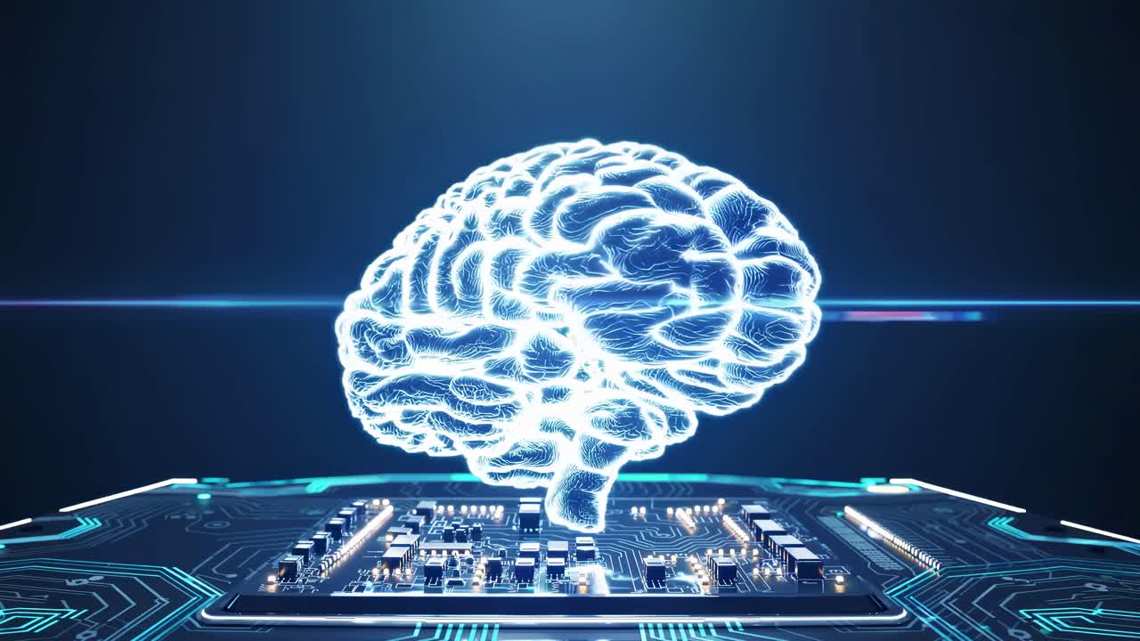 Futuristic video concept with a digital brain hovering over a circuit board