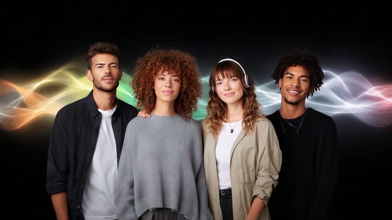 A Diverse Group of Young Adults with Distinctive Hairstyles and Fashion Styles Posing Together Against a Vibrant Background of Colorful Sound Waves, Representing Harmony and Connection Through Music