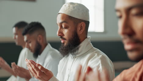 muslim, praying and group in a mosque