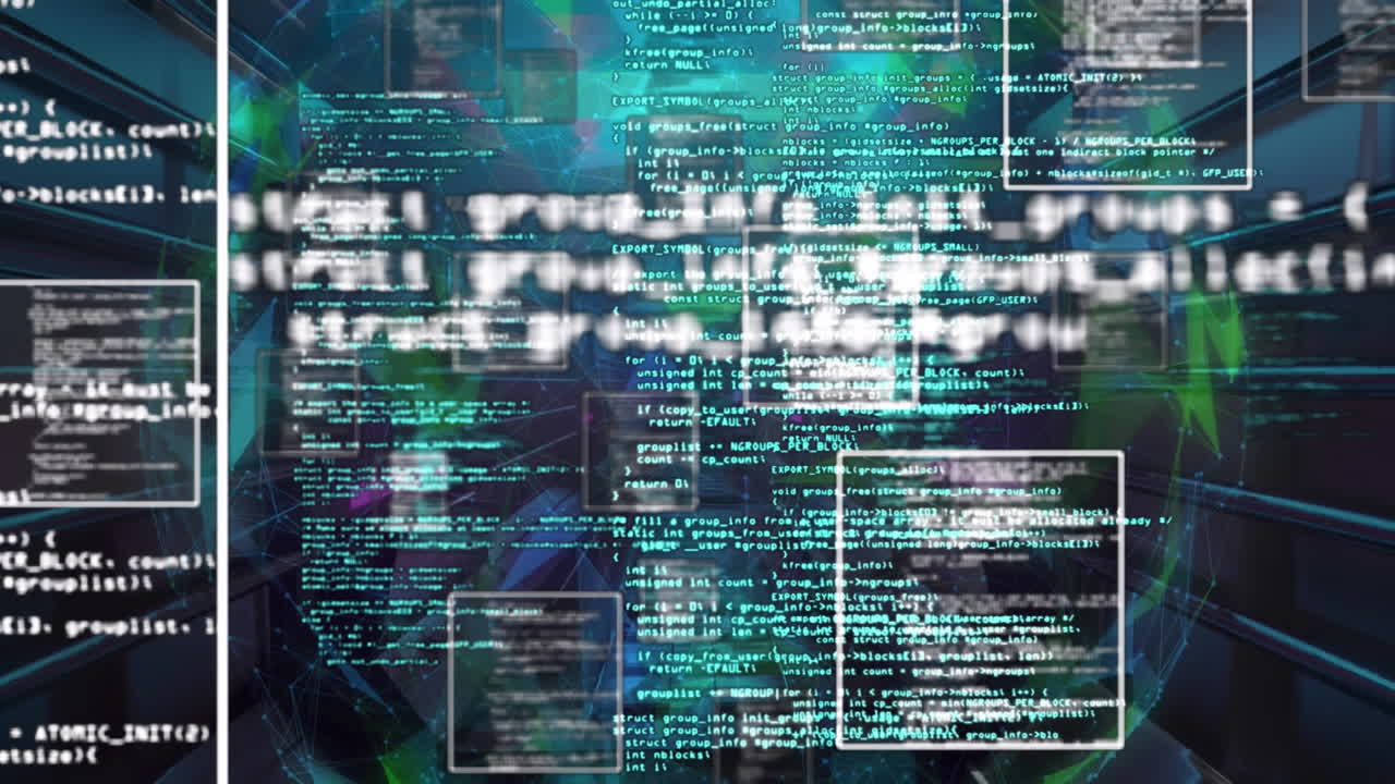 Animation of squares and computer language over illuminated globe against futuristic tunnel