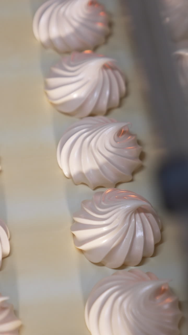 Delicious creamy marshmallow sweets moving slowly on the conveyor belt. Freshly-made vanilla desserts come out from machine. Close up. Top view. Vertical video