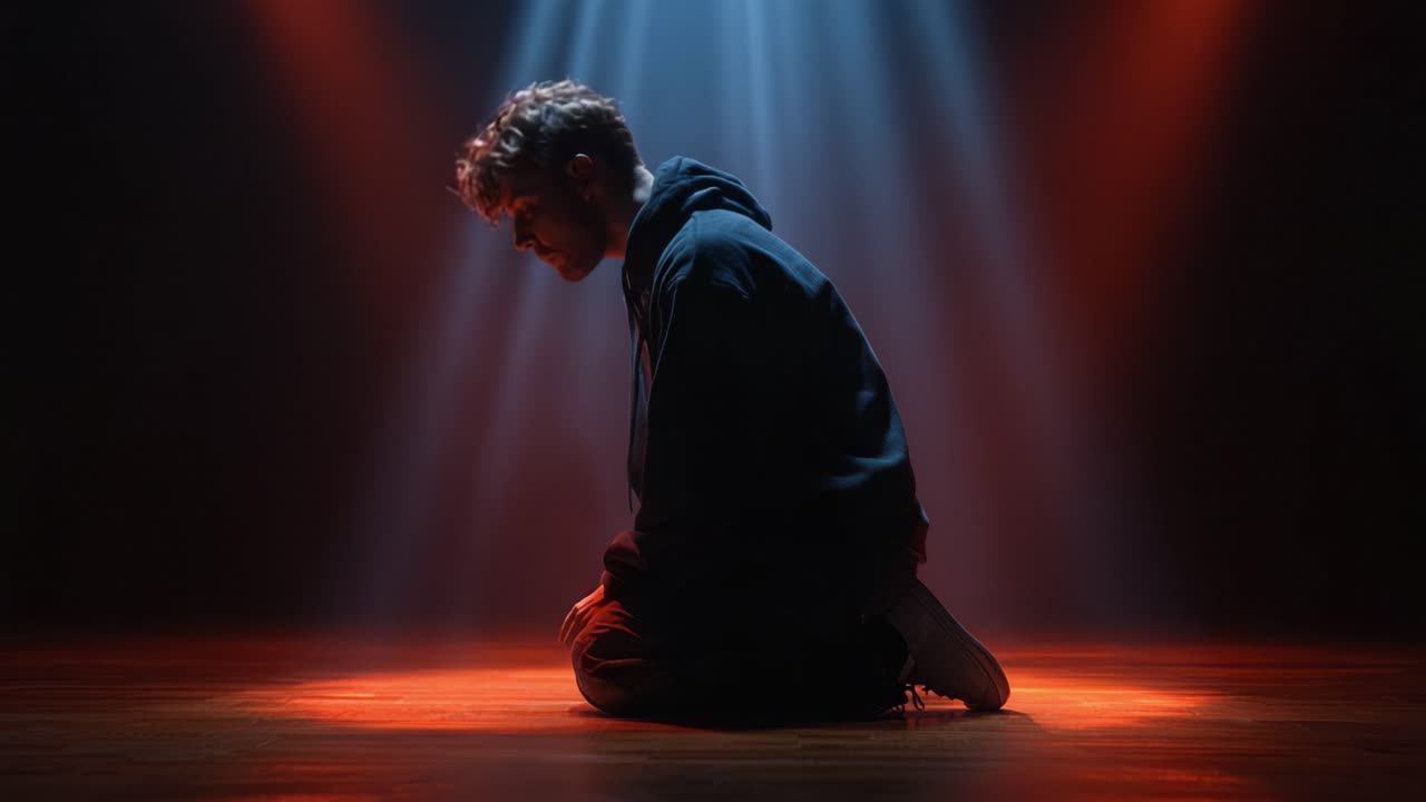 Uma figura solitária de moletom ajoelha-se no palco, banhada em iluminação dramática, incorporando introspecção e contemplação em um momento visual marcante.