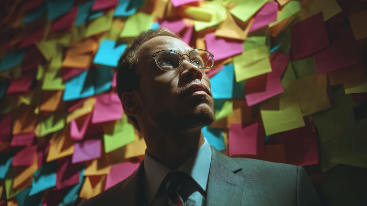 A man in formal attire with glasses stands in front of a vibrant wall covered in colorful sticky notes, contemplating ideas and creativity in a visually striking setup