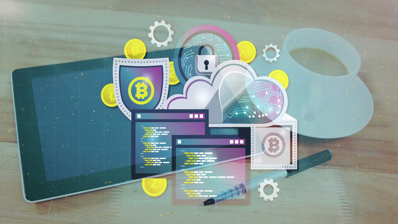 At second mark crypto icons fading in and pulsing over desk emphasizing secure cloud blockchain