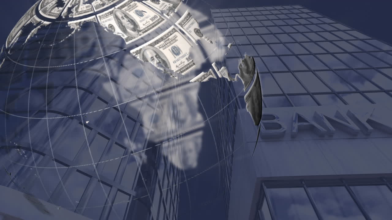현대 은행 건물 위에 미국 달러 지폐로 형성 된 지구촌의 애니메이션