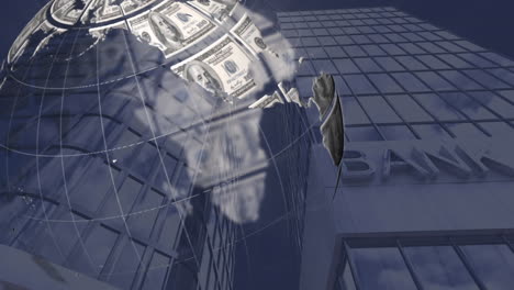 animación del globo formado con billetes de dólares estadounidenses sobre el edificio moderno del banco