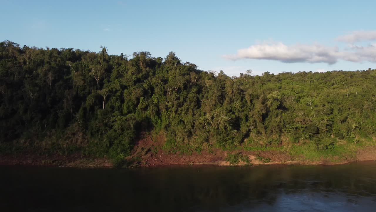 vista lateral aérea de la orilla del río con selva amazónica con vegetación durante la puesta de sol