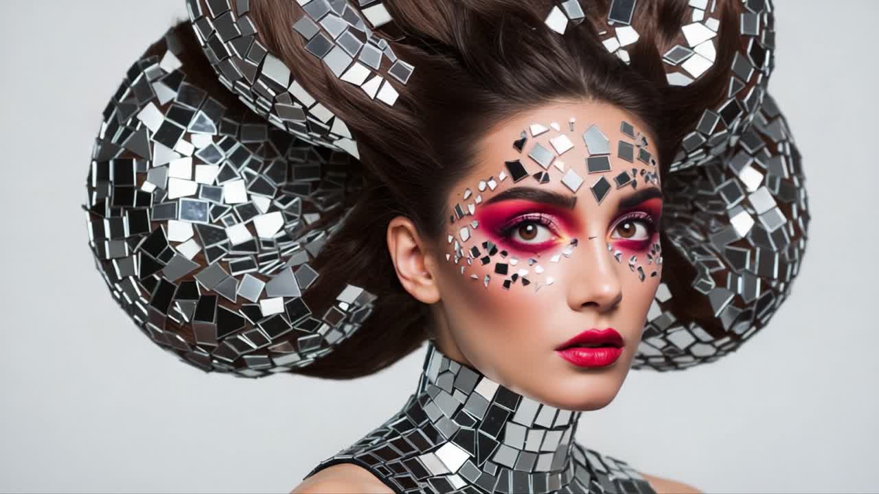 A Stunning Artistic Portrait of a Model Featuring Unique Mosaic-Inspired Makeup and Hair Design, Showcase of Creative Fashion Expression in High-Gloss Materials