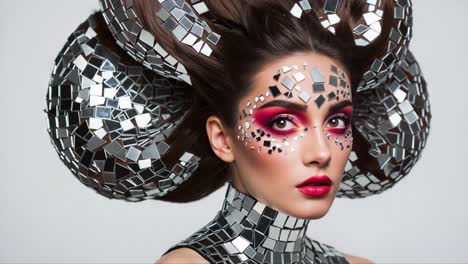 a stunning artistic portrait of a model featuring unique mosaic-inspired makeup and hair design, showcase of creative fashion expression in high-gloss materials