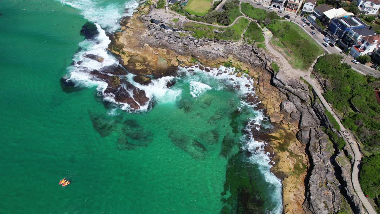 Waves Splashing At Tamarama Point In Tamarama, NSW, Australia - Drone Shot