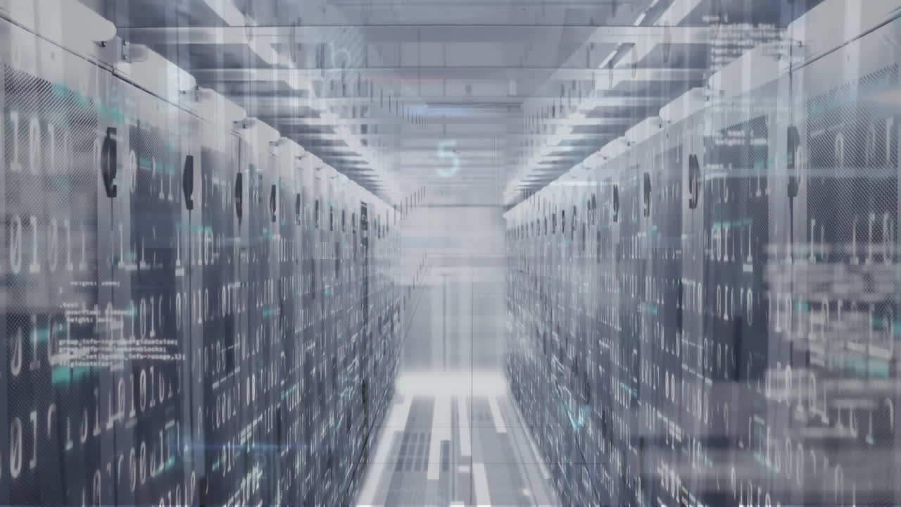 다중 텍스트, 숫자, 기호 및 컴퓨터 언어의 애니메이션 데이터 서버 랙