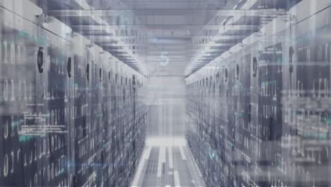 animation of multiple texts, numbers, symbols and computer language over data server racks