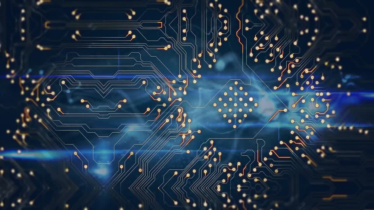 파란색 배경에 파란색 디지털 파도를 통해 마이크로프로세서 연결의 디지털 애니메이션