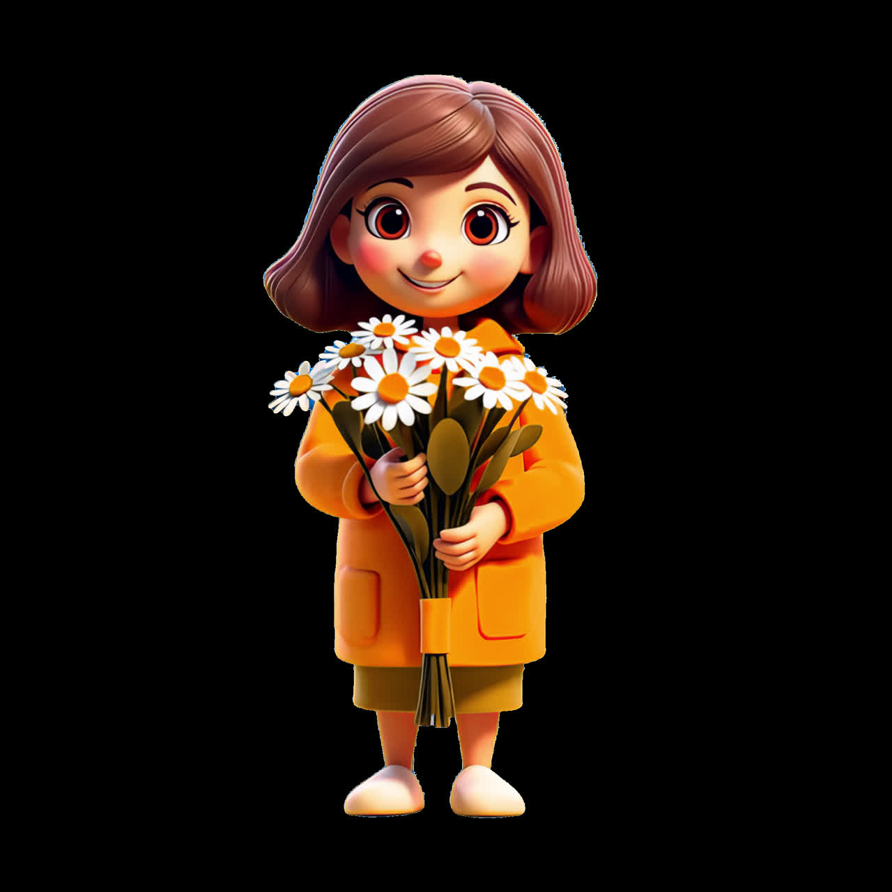 Charming cartoon girl holding daisies animation isolated asset ...