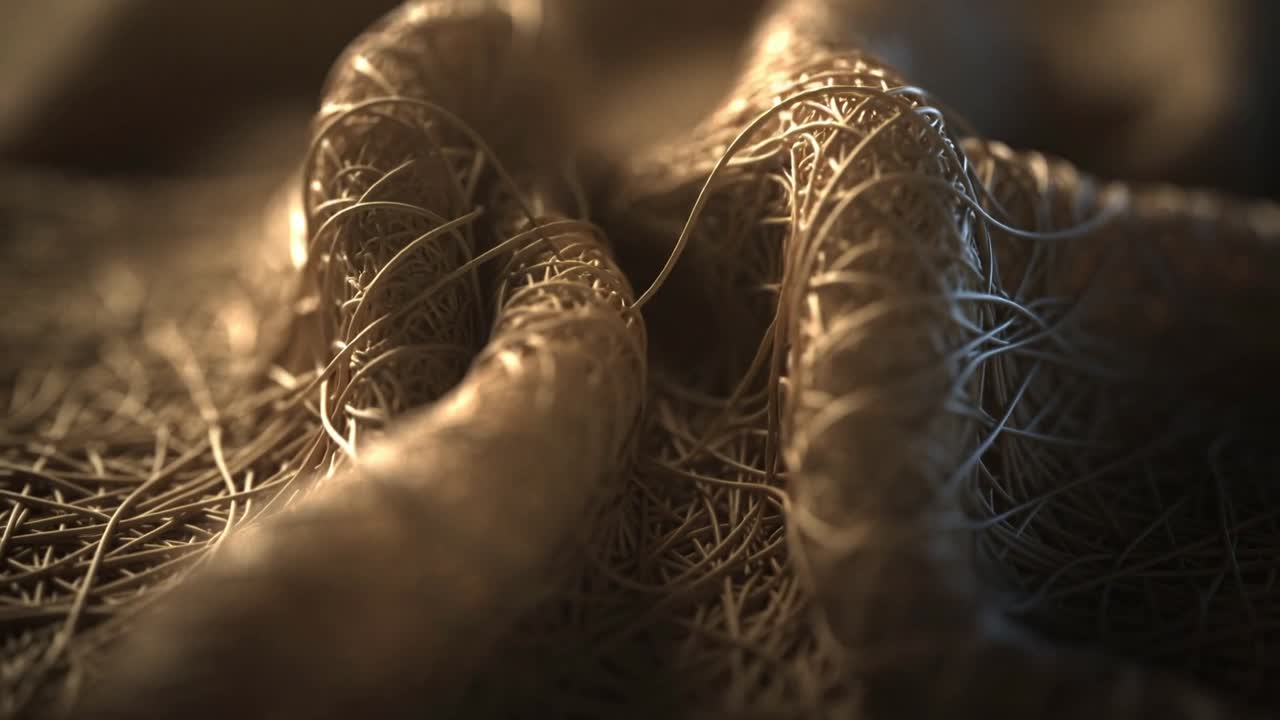 Telecamera in movimento che rivela tre corde fibrose su un letto di paglia, mostrando sottili fili e un nodo.
