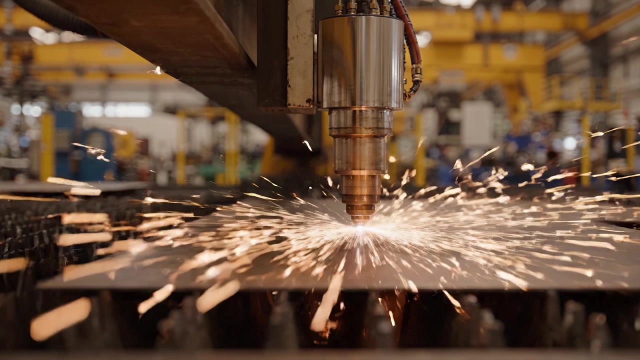 Endüstriyel Bir Üretim Tesisinde Sac Metal Yüzeyinde Kıvılcımlar Çıkararak Çalışan Yüksek Hassasiyetli Lazer Kesim Sistemi