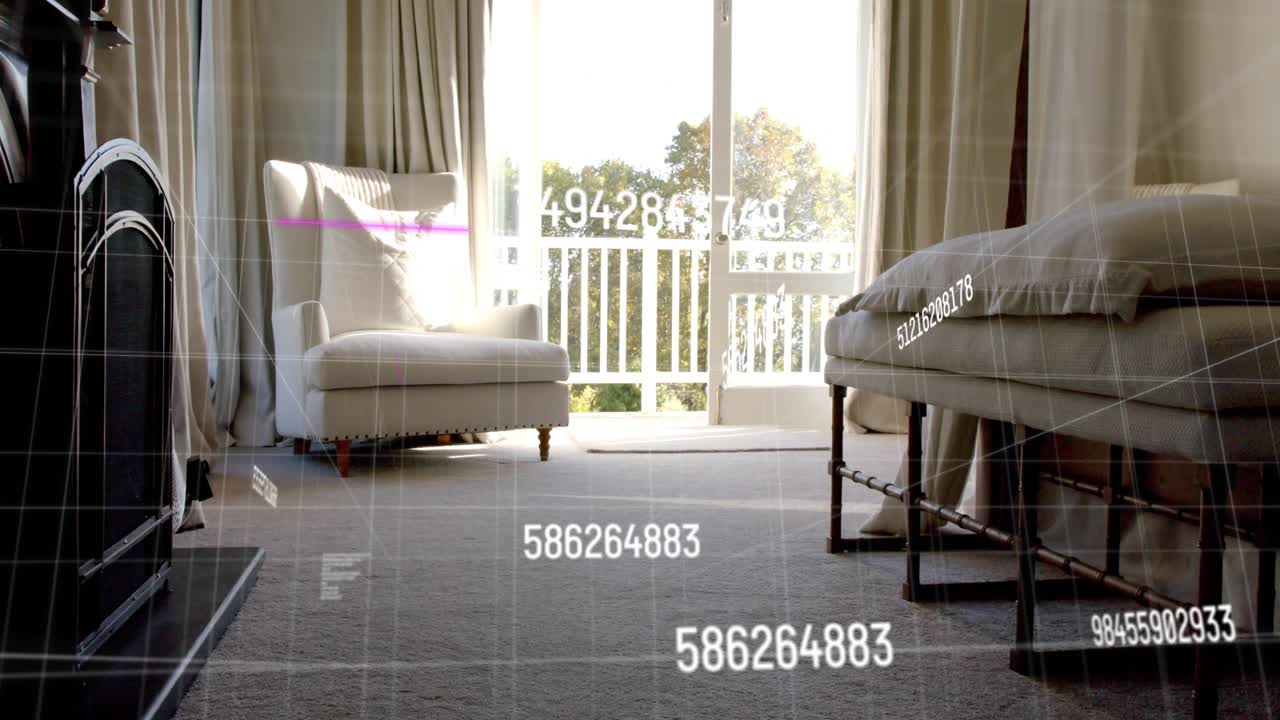 Daylight initiating grid and numbers growing across floor, shifting to cam by chair, mapping space