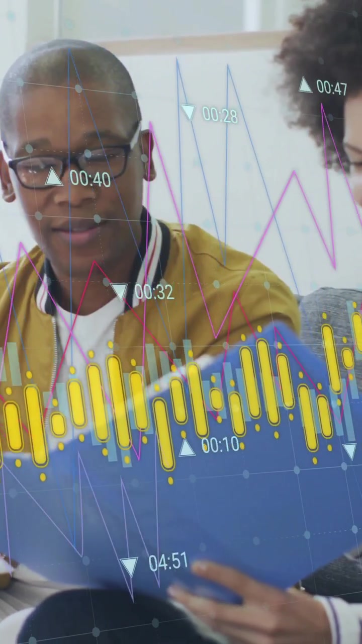 Animation of financial data processing over diverse business people in office