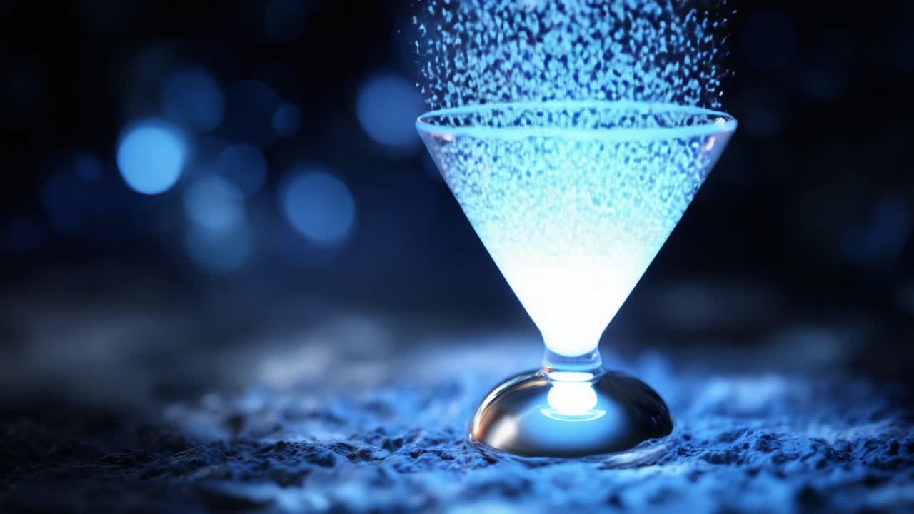 A mesmerizing cocktail glass with magical starlight and sparkling particles cascading elegantly, creating an enchanting cosmic scene in a captivating blue atmosphere