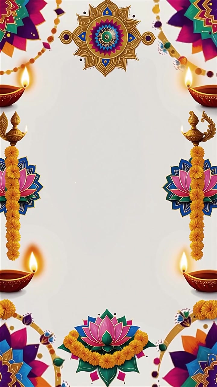 Sfondo Diwali con Diyas luminosi, Rangoli e fiori di loto