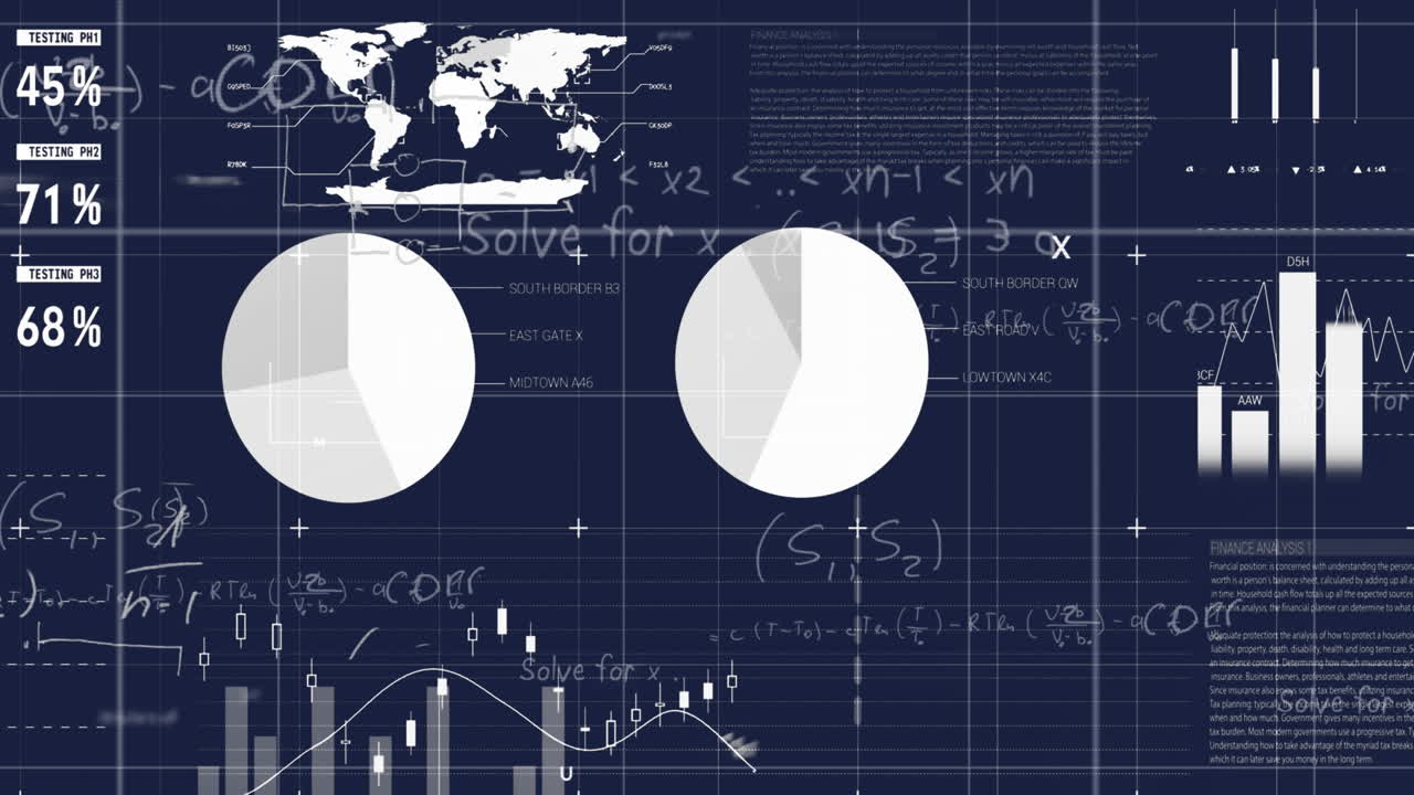 animación del procesamiento de datos estadísticos y ecuaciones matemáticas contra un fondo azul