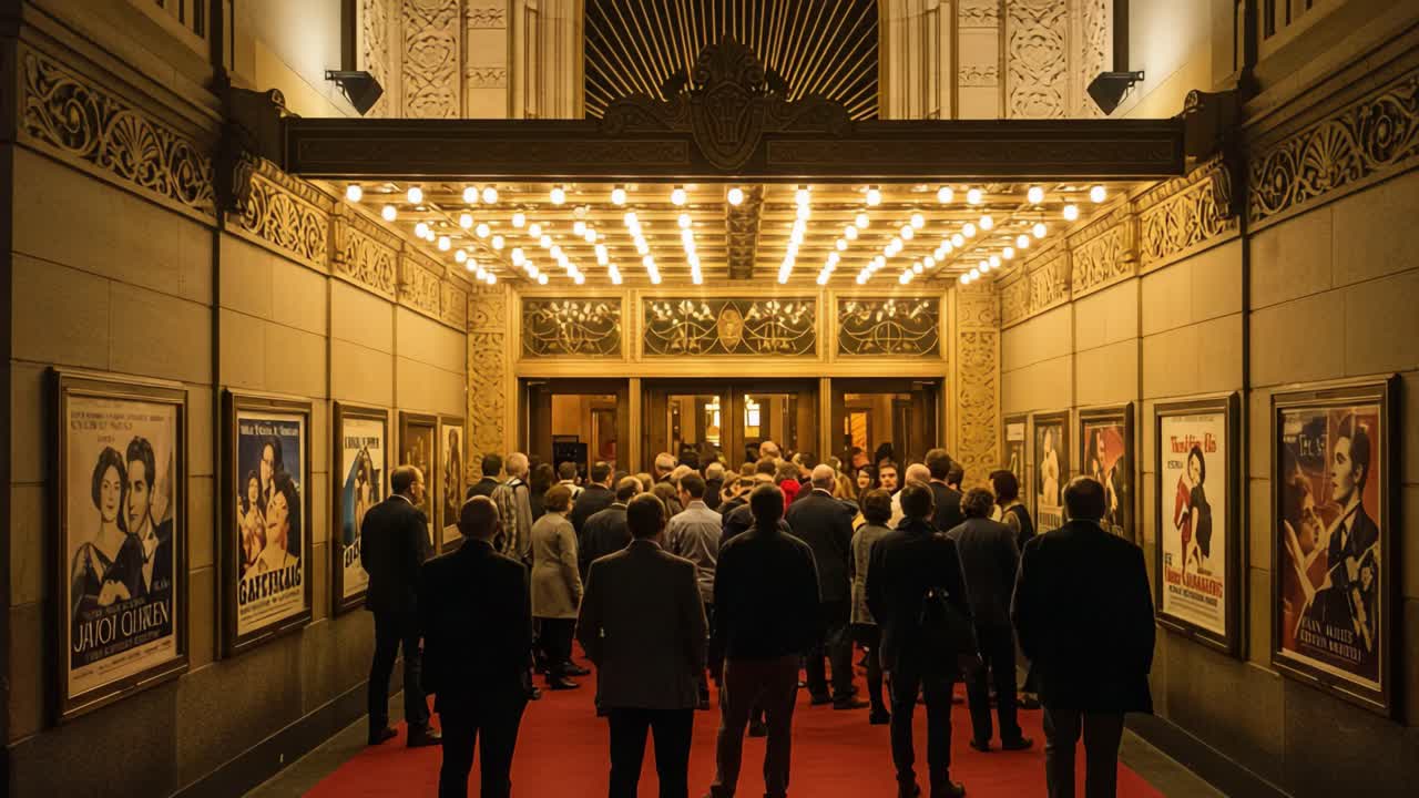 Crowd Gathered at a Theater Entrance with Vintage Movie Posters Under Bright Lights, Evoking Nostalgia and Excitement for an Upcoming Performance