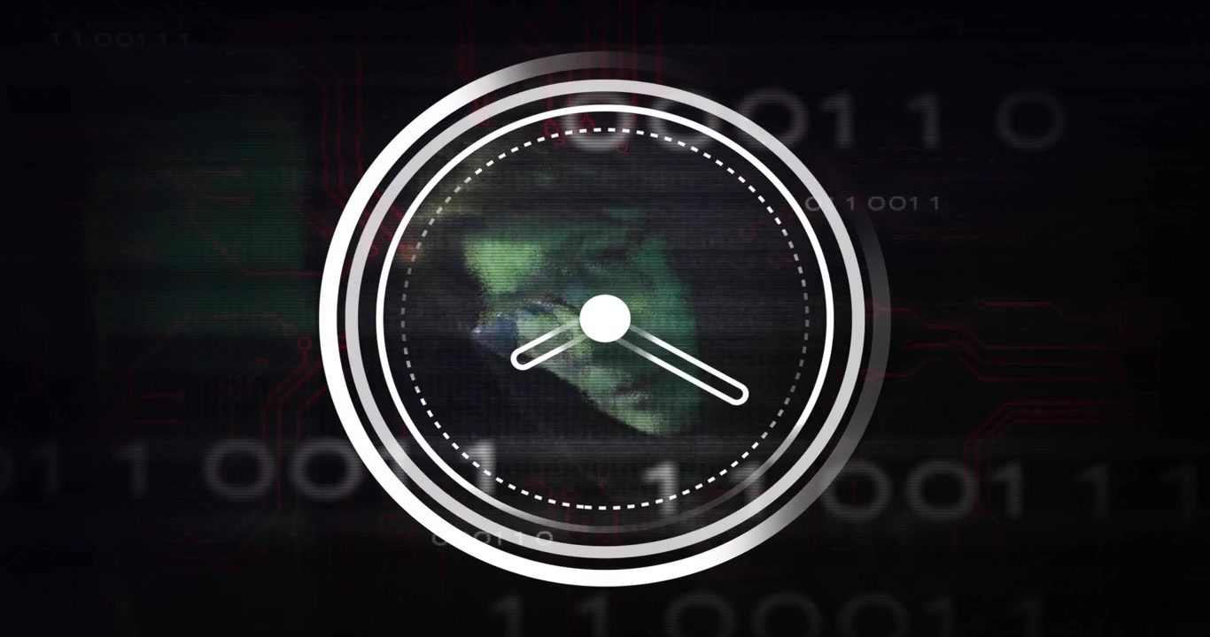 Opening dotted ring circling, rotating clock hands over globe with binary backdrop visualizing time