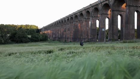 Tiro-Deslizante,-Fotógrafo-Caminando-A-Través-De-Un-Campo-De-Trigo-En-El-Viaducto-Del-Valle-De-Ouse