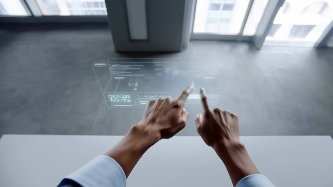 Top view of two hands reaching toward a transparent digital interface above a desk in a bright modern office, with clean workspace details, natural window