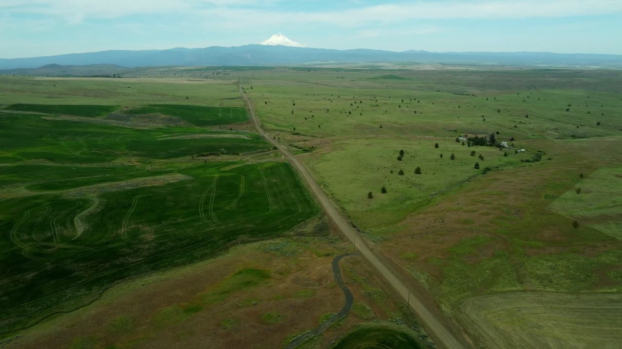 US, Oregon, Dufur, , 2025-05-09 - Drone view of green rural fields in spring time with Mt Hood covered in snow in the distance