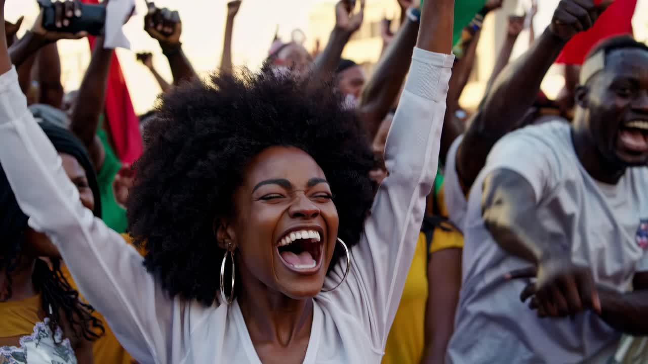 Joyful crowd celebrating with raised arms, captured in a close-up, eye-level angle