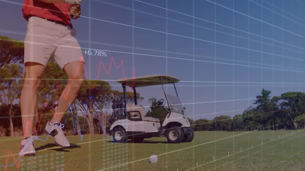 Golfer swinging club over golf ball on green, overlaying financial graphs with percentage data