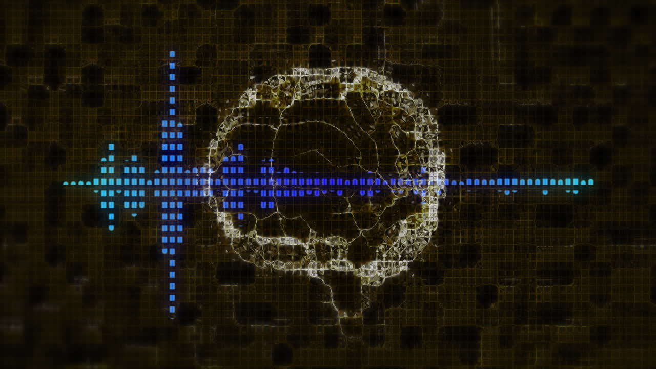 Digital brain and sound wave animation over dark grid background
