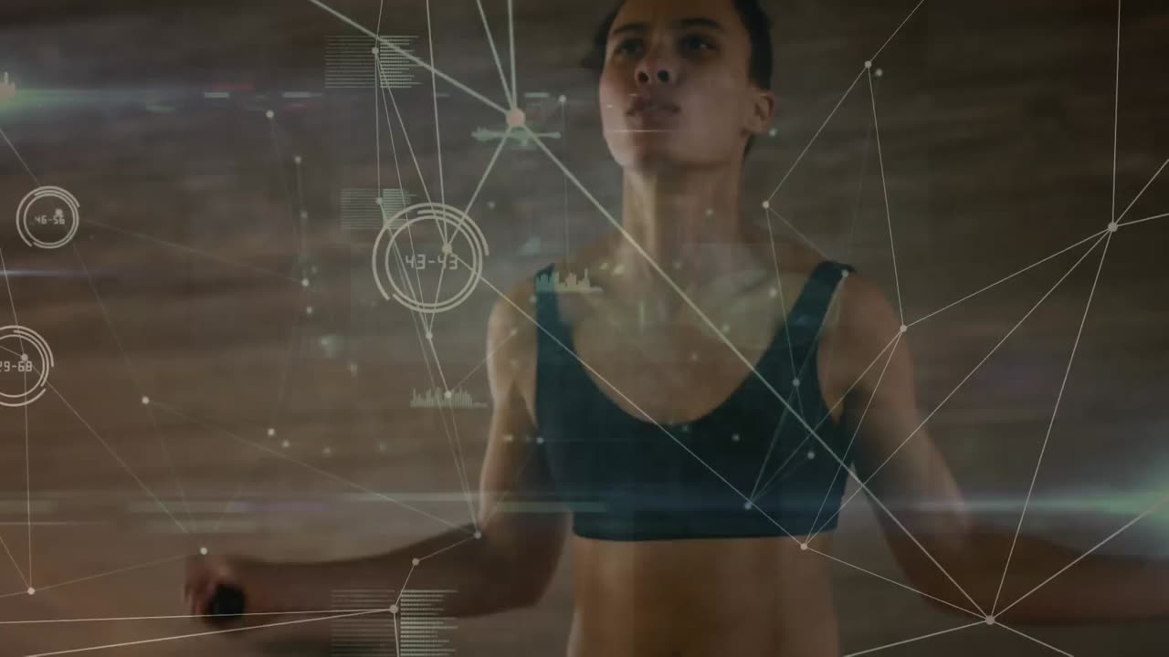 red de conexiones y procesamiento de datos contra la mujer afroamericana en forma saltando cuerdas